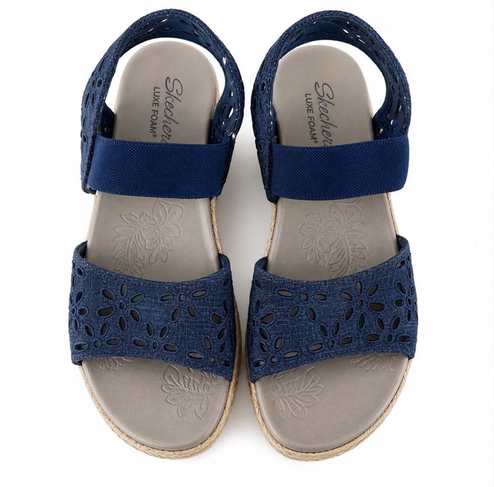 Skechers Luxe Foam Navy Floral Cutout Cork Wedge Sandals Size 8